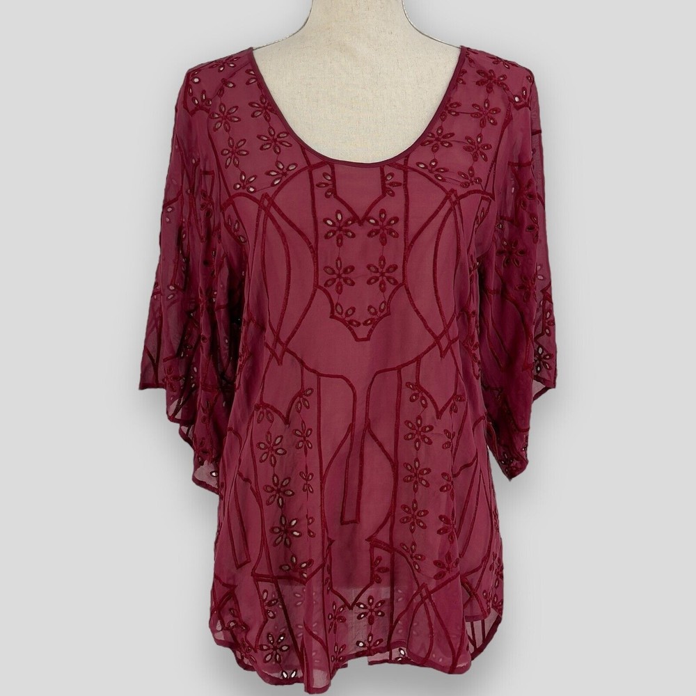 Language Womens Small Sheer Silk Embroidered Eyelet Tunic Top 3/4 Wide Sleeves